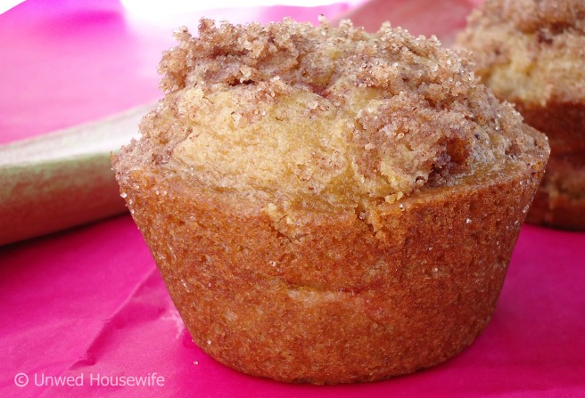 Dense, moist, bakery style rhubarb muffin recipe. THE BEST rhubarb muffins out there. 